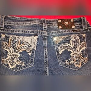 Miss Me Dark Blue Signature Skinny Embroidered Lace Fleur De Lis Jeans Sz 31